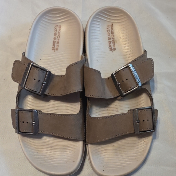 Skechers Tan Slide Sandals with Buckles Taupe Size 7 - Picture 1 of 2